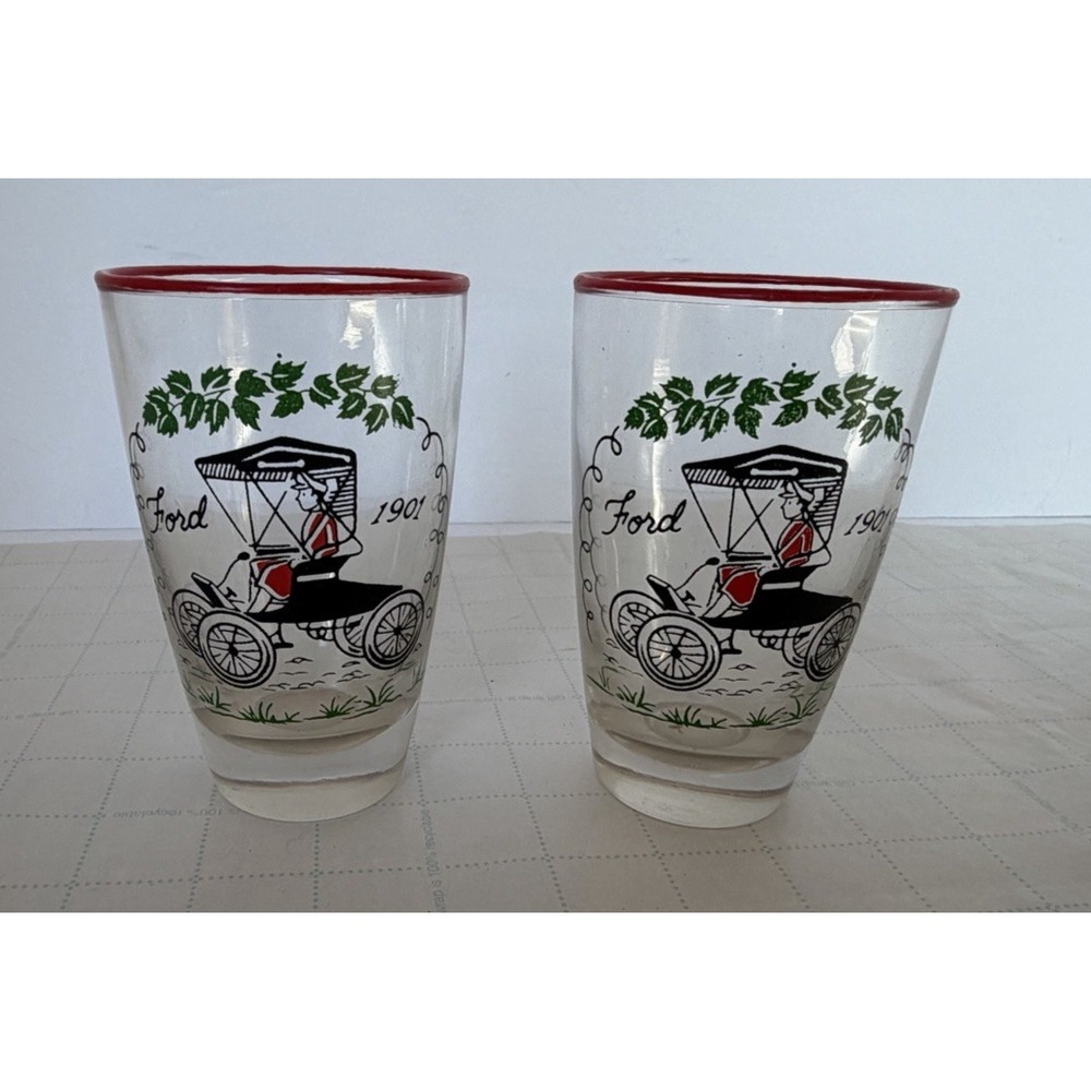 Vintage Libbey Ford Model T Glasses Set 2 Tumblers Automobile Barware